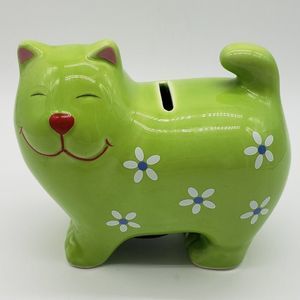 Lime Green Cat Shaped Applied White Blue Flowers Ceramic Piggy Bank with Stopper